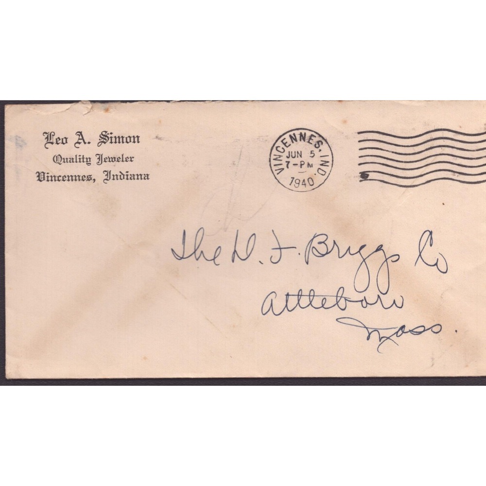 Vintage 1940 Leo A Simon Jeweler Vincennes Indiana Advertising Envelope Postmark - Picture 1 of 2